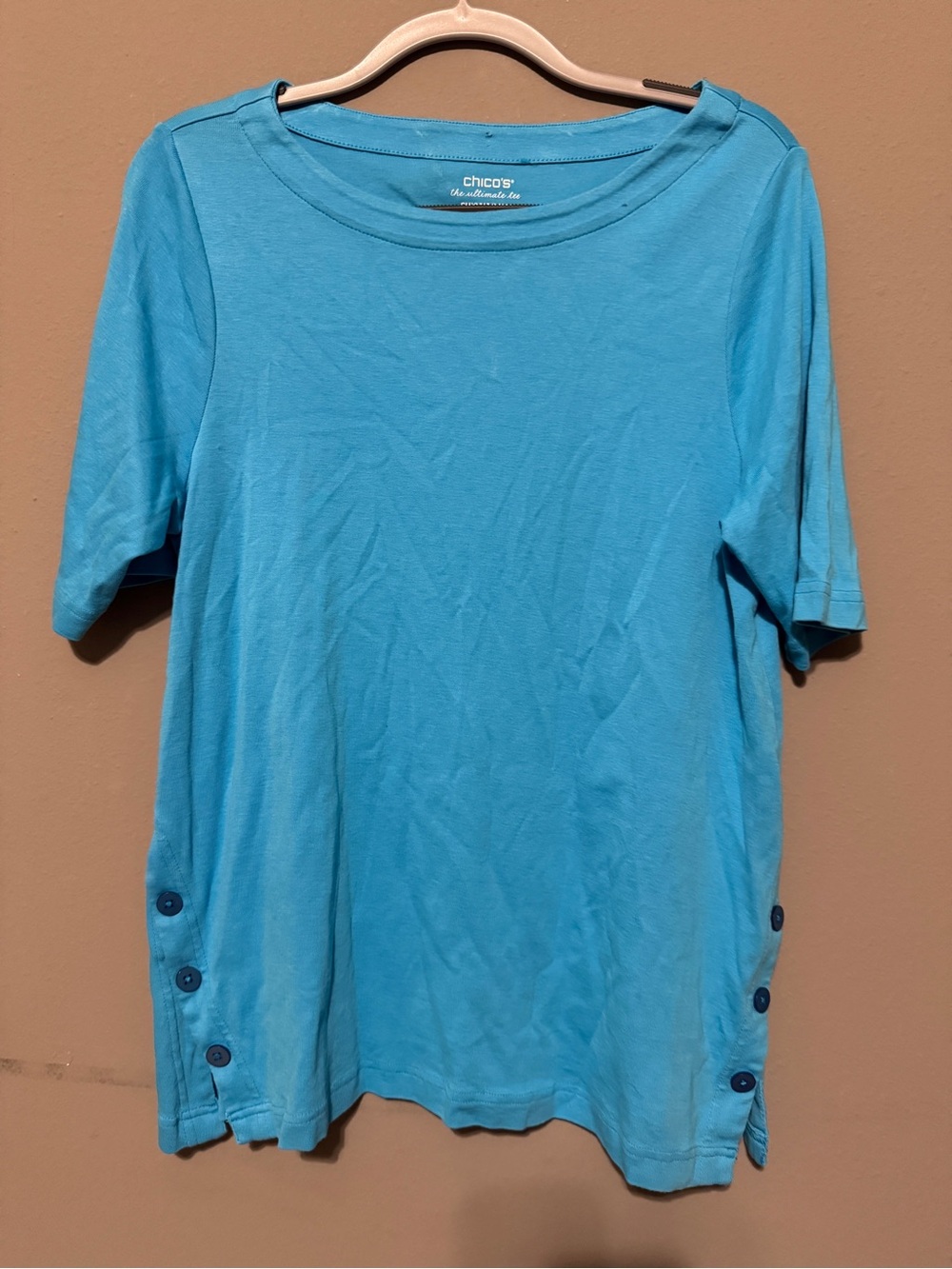 Chico's Short Sleeve Button-Side Tee in Turquoise Blue